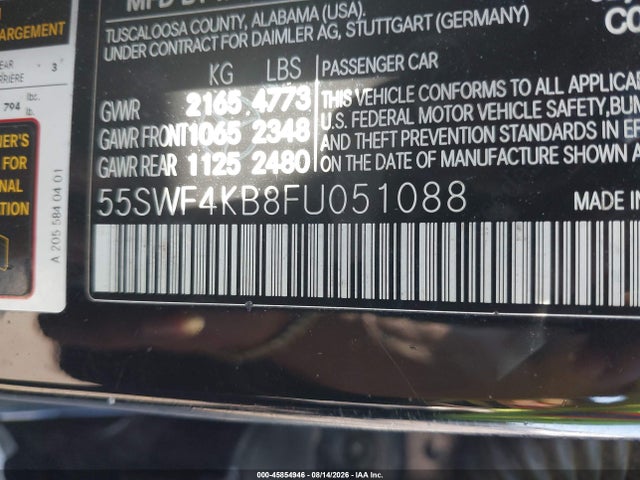 2015 Mercedes-benz C 300 Sport 4matic მანქანა იყიდება აუქციონზე, vin: 55SWF4KB8FU051088, აუქციონის ნომერი: 45854946