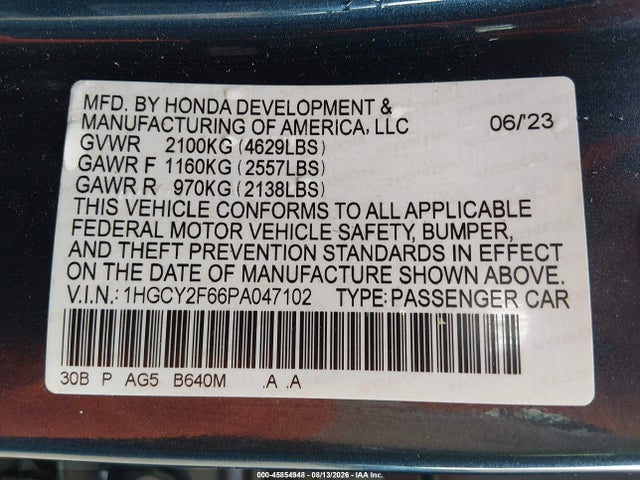 Продаж на аукціоні авто 2023 Honda Accord Hybrid Ex-l, vin: 1HGCY2F66PA047102, номер лоту: 45854948