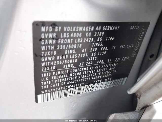 2012 Volkswagen Tiguan Se მანქანა იყიდება აუქციონზე, vin: WVGAV7AX9CW602869, აუქციონის ნომერი: 45854977