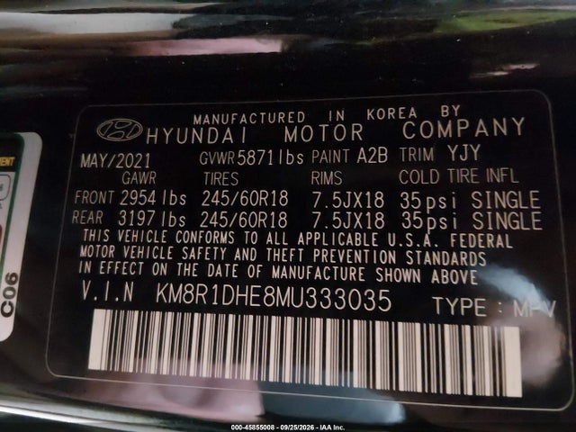 45855008 :رقم المزاد ، KM8R1DHE8MU333035 vin ، 2021 Hyundai Palisade Se مزاد بيع