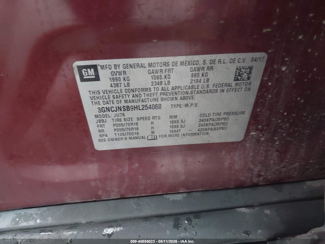 Продажа на аукционе авто 2017 Chevrolet Trax Ls, vin: 3GNCJNSB9HL254060, номер лота: 45855023
