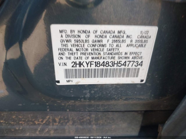 45855030 :رقم المزاد ، 2HKYF18483H547734 vin ، 2003 Honda Pilot Ex مزاد بيع