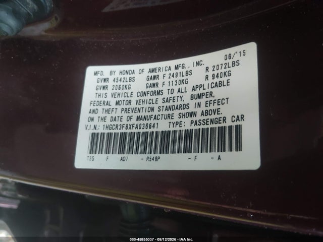 2015 Honda Accord Ex-l V-6 მანქანა იყიდება აუქციონზე, vin: 1HGCR3F8XFA036641, აუქციონის ნომერი: 45855037