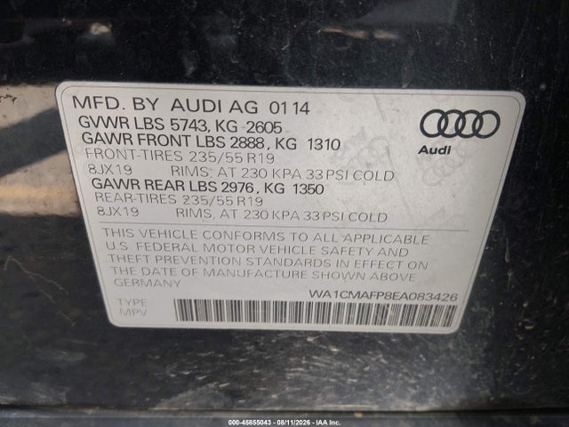 45855043 :رقم المزاد ، WA1CMAFP8EA083426 vin ، 2014 Audi Q5 3.0 Tdi Premium Plus مزاد بيع