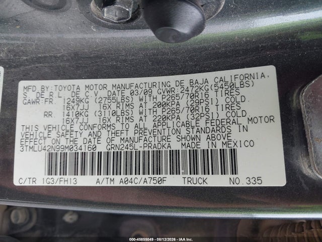 Aukcja sprzedaży 2009 Toyota Tacoma Base V6, vin: 3TMLU42N99M034160, numer aukcji: 45855049
