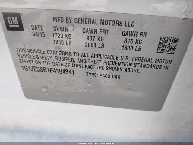 45855058 :رقم المزاد ، 1G1JE5SB1F4194341 vin ، 2015 Chevrolet Sonic Ltz Auto مزاد بيع