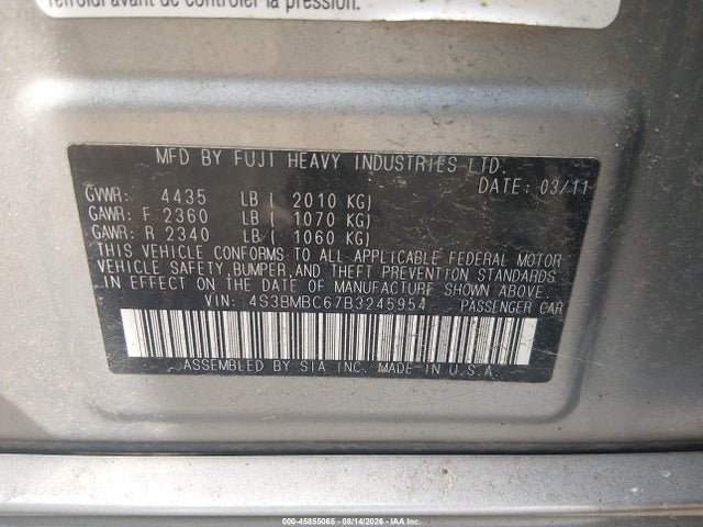 Продажа на аукционе авто 2011 Subaru Legacy 2.5i Premium, vin: 4S3BMBC67B3245954, номер лота: 45855065