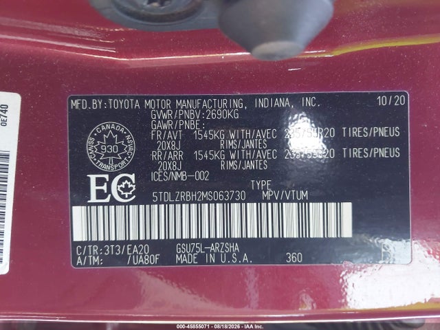 Aukcja sprzedaży 2021 Toyota Highlander Xse, vin: 5TDLZRBH2MS063730, numer aukcji: 45855071