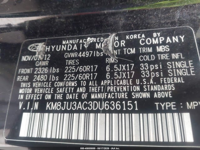 Aukcja sprzedaży 2013 Hyundai Tucson Gls, vin: KM8JU3AC3DU636151, numer aukcji: 45855089