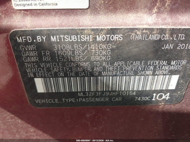 Продаж на аукціоні авто 2018 Mitsubishi Mirage G4 Es, vin: ML32F3FJ9JHF10154, номер лоту: 45855097