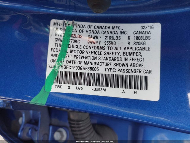 Honda Civic Touring 2016 2HGFC1F93GH638005 Image 9
