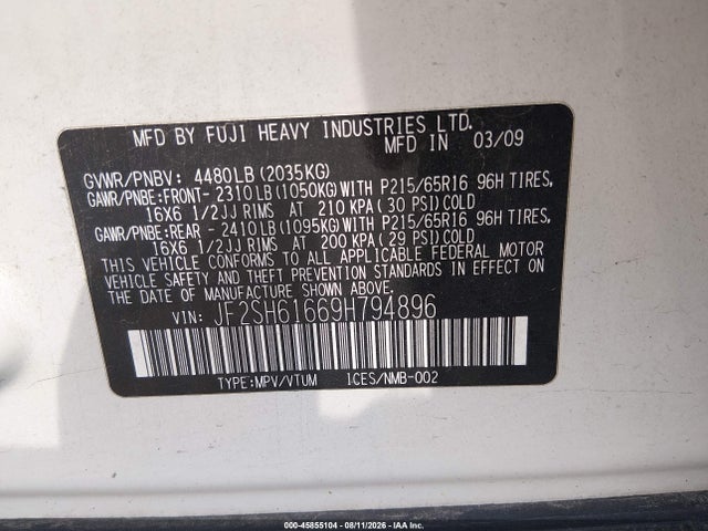 Aukcja sprzedaży 2009 Subaru Forester 2.5x, vin: JF2SH61669H794896, numer aukcji: 45855104