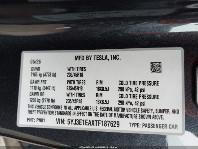 5YJ3E1EAXTF187629 Tesla Model 3 Premium Rear-wheel Drive/rear-wheel Drive
