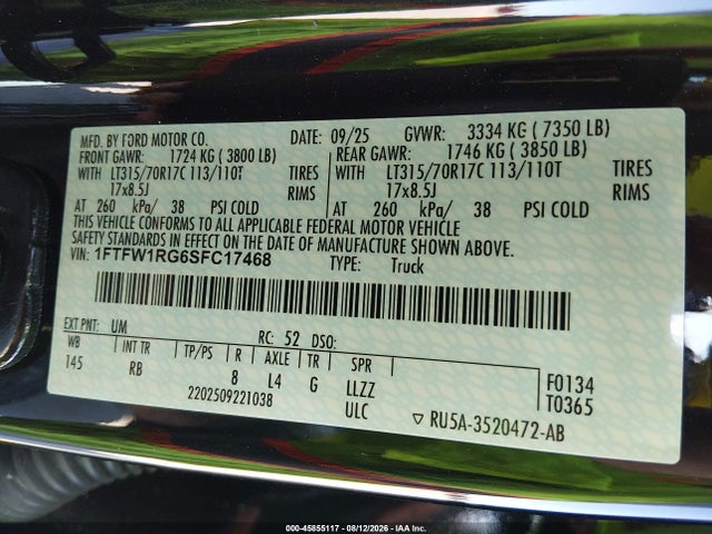 Aukcja sprzedaży 2025 Ford F-150 Raptor, vin: 1FTFW1RG6SFC17468, numer aukcji: 45855117