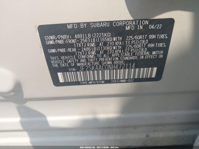 Aukcja sprzedaży 2022 Subaru Forester, vin: JF2SKAAC0NH472114, numer aukcji: 45855146