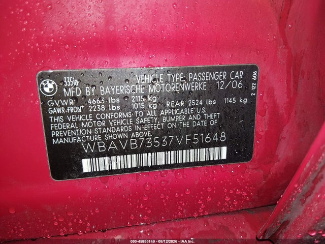 Продаж на аукціоні авто 2007 Bmw 335i, vin: WBAVB73537VF51648, номер лоту: 45855149