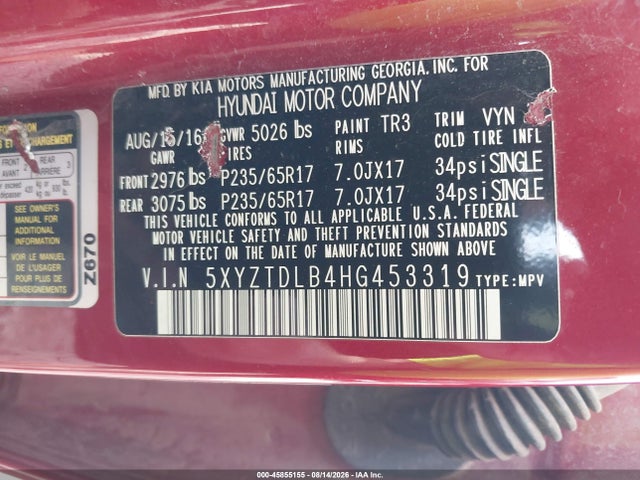 2017 Hyundai Santa Fe Sport 2.4l მანქანა იყიდება აუქციონზე, vin: 5XYZTDLB4HG453319, აუქციონის ნომერი: 45855155
