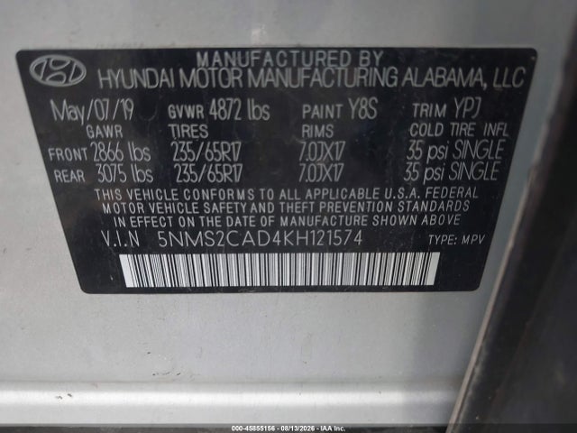 2019 Hyundai Santa Fe Se მანქანა იყიდება აუქციონზე, vin: 5NMS2CAD4KH121574, აუქციონის ნომერი: 45855156