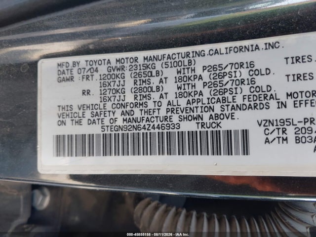 45855158 :رقم المزاد ، 5TEGN92N64Z446933 vin ، 2004 Toyota Tacoma Prerunner V6 مزاد بيع