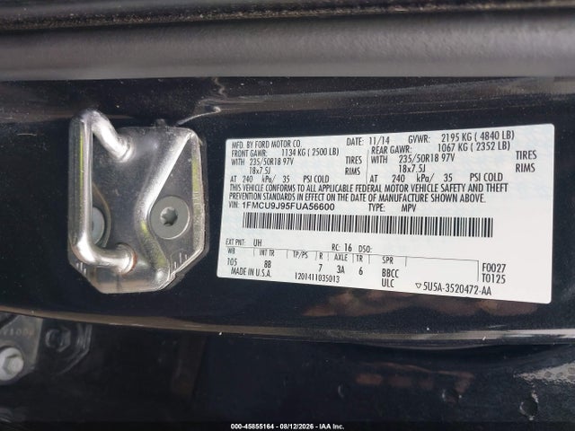 45855164 :رقم المزاد ، 1FMCU9J95FUA56600 vin ، 2015 Ford Escape Titanium مزاد بيع