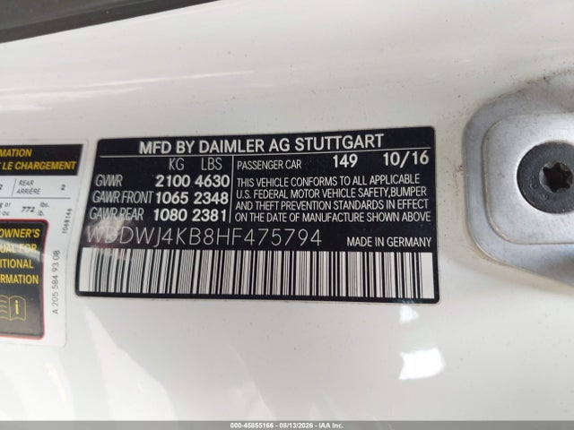 45855166 :رقم المزاد ، WDDWJ4KB8HF475794 vin ، 2017 Mercedes-benz C 300 4matic مزاد بيع
