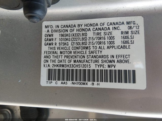 45855190 :رقم المزاد ، 2HKRM3H33CH512015 vin ، 2012 Honda Cr-v Lx مزاد بيع