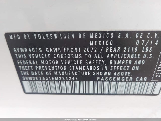 2014 Volkswagen Jetta 2.0l S მანქანა იყიდება აუქციონზე, vin: 3VW2K7AJ1EM334249, აუქციონის ნომერი: 45855193