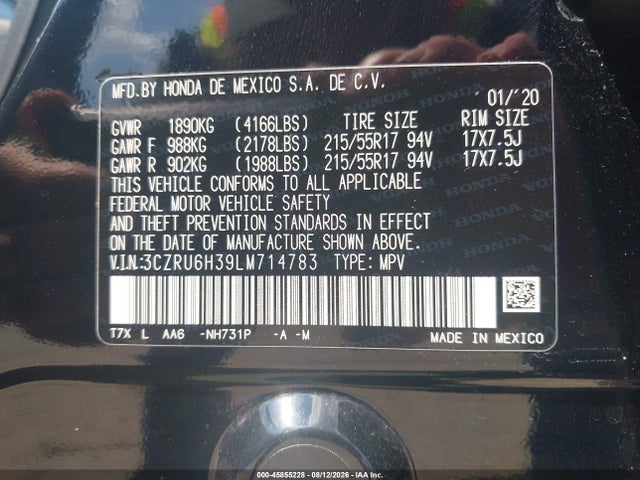45855228 :رقم المزاد ، 3CZRU6H39LM714783 vin ، 2020 Honda Hr-v Awd Lx مزاد بيع