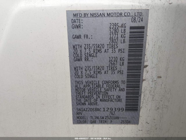 2024 Nissan Murano Platinum Intelligent Awd მანქანა იყიდება აუქციონზე, vin: 5N1AZ2DS8RC129399, აუქციონის ნომერი: 45855237