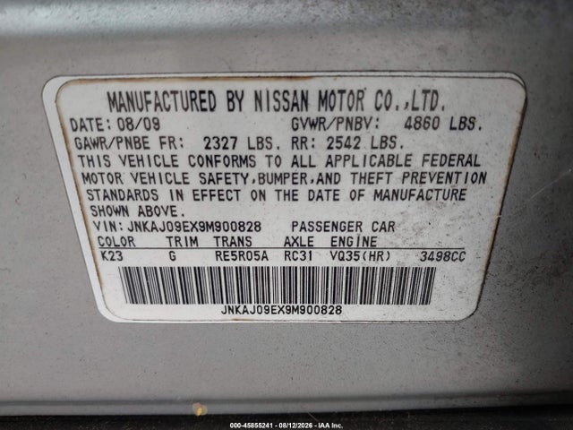 2009 Infiniti Ex35 Journey მანქანა იყიდება აუქციონზე, vin: JNKAJ09EX9M900828, აუქციონის ნომერი: 45855241