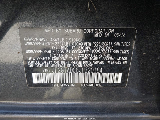 Продаж на аукціоні авто 2018 Subaru Crosstrek 2.0i Premium, vin: JF2GTADC6JH320184, номер лоту: 45855246