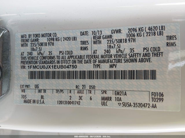 Продаж на аукціоні авто 2014 Ford Escape Titanium, vin: 1FMCU0JX1EUB04750, номер лоту: 45855255