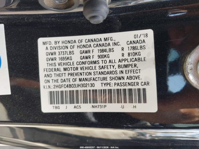 2HGFC4B03JH302130 Honda Civic Lx-p