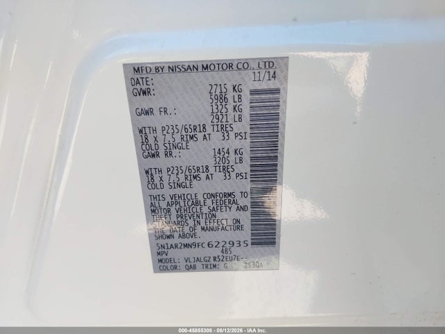 2015 Nissan Pathfinder Sl მანქანა იყიდება აუქციონზე, vin: 5N1AR2MN9FC622935, აუქციონის ნომერი: 45855308