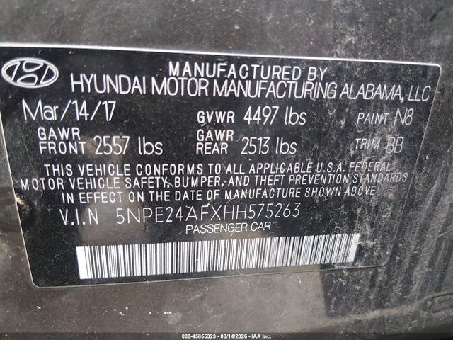 Aukcja sprzedaży 2017 Hyundai Sonata, vin: 5NPE24AFXHH575263, numer aukcji: 45855323