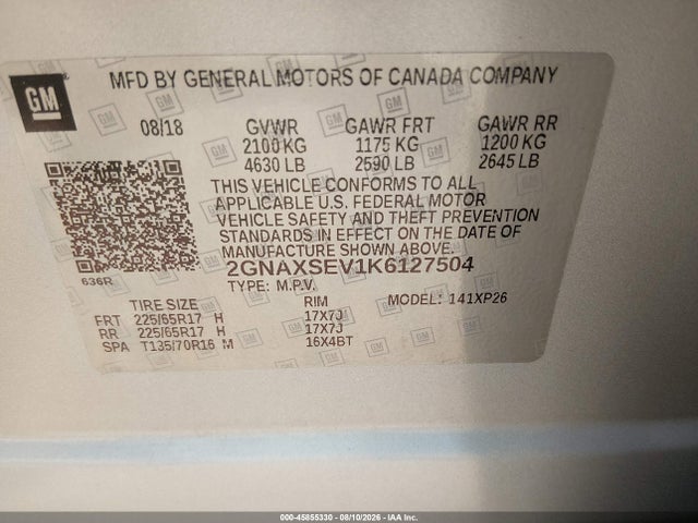 45855330 :رقم المزاد ، 2GNAXSEV1K6127504 vin ، 2019 Chevrolet Equinox Ls مزاد بيع
