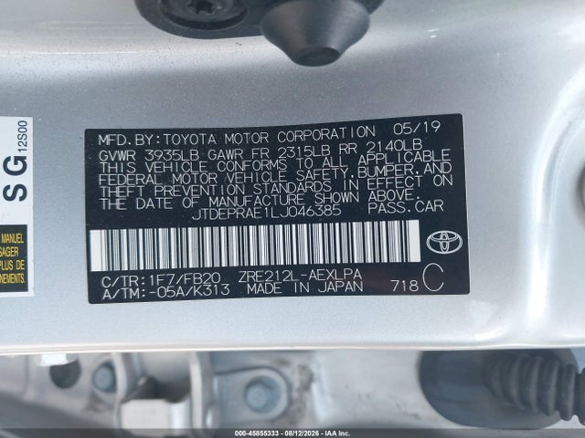 45855333 :رقم المزاد ، JTDEPRAE1LJ046385 vin ، 2020 Toyota Corolla Le مزاد بيع