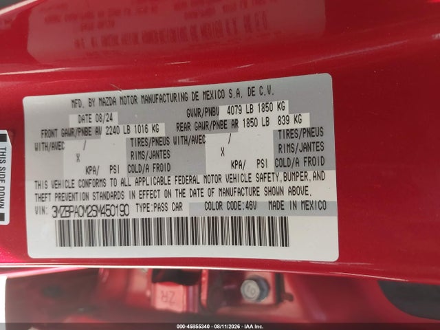 2025 Mazda Mazda3 2.5 S Preferred მანქანა იყიდება აუქციონზე, vin: 3MZBPACM2SM450190, აუქციონის ნომერი: 45855340