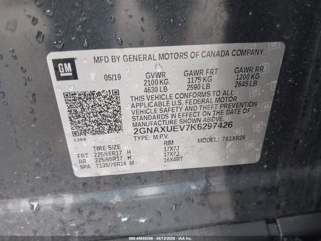 Продажа на аукционе авто 2019 Chevrolet Equinox Lt, vin: 2GNAXUEV7K6297426, номер лота: 45855356
