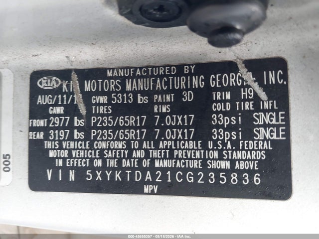 2012 Kia Sorento Lx V6 მანქანა იყიდება აუქციონზე, vin: 5XYKTDA21CG235836, აუქციონის ნომერი: 45855357