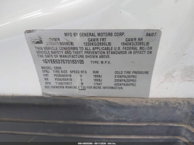 45855360 :رقم المزاد ، 1GYEE637670183105 vin ، 2007 Cadillac Srx V6 مزاد بيع