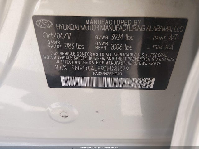 45855370 :رقم المزاد ، 5NPD84LF9JH281379 vin ، 2018 Hyundai Elantra Sel مزاد بيع
