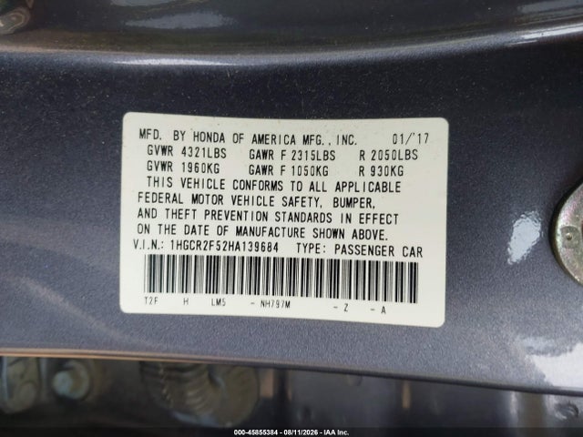 Aukcja sprzedaży 2017 Honda Accord Sport, vin: 1HGCR2F52HA139684, numer aukcji: 45855384