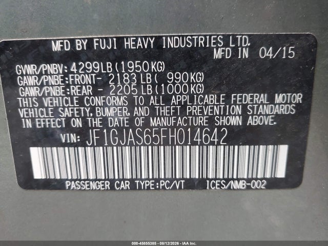 2015 Subaru Impreza 2.0i Limited მანქანა იყიდება აუქციონზე, vin: JF1GJAS65FH014642, აუქციონის ნომერი: 45855385