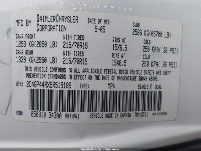Продаж на аукціоні авто 2005 Chrysler Town & Country Lx, vin: 2C4GP44RX5R519189, номер лоту: 45855391