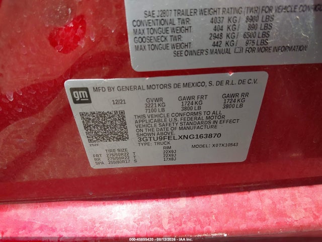 Продажа на аукционе авто 2022 Gmc Sierra 1500 Limited 4wd  Short Box Denali, vin: 3GTU9FELXNG163870, номер лота: 45855420
