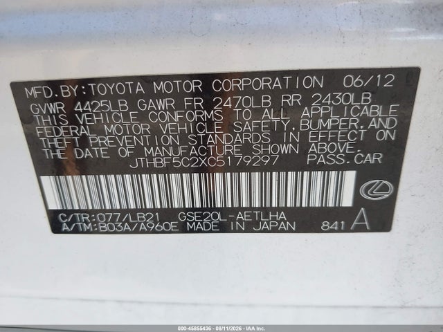45855436 :رقم المزاد ، JTHBF5C2XC5179297 vin ، 2012 Lexus Is 250 مزاد بيع