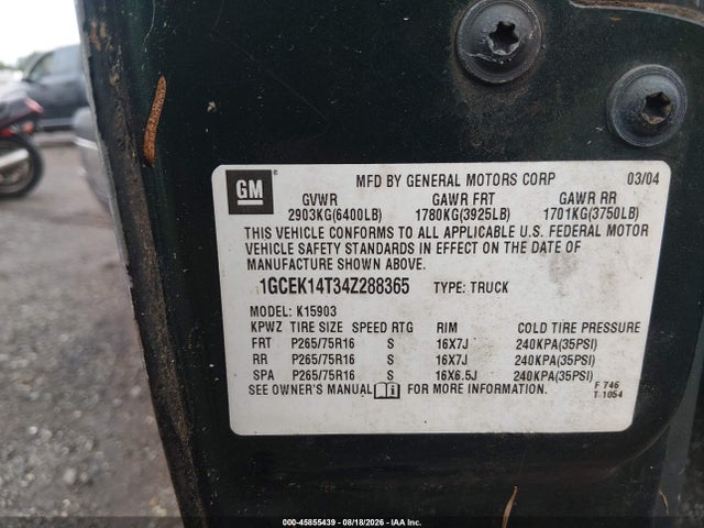 45855439 :رقم المزاد ، 1GCEK14T34Z288365 vin ، 2004 Chevrolet Silverado 1500 Z71 مزاد بيع