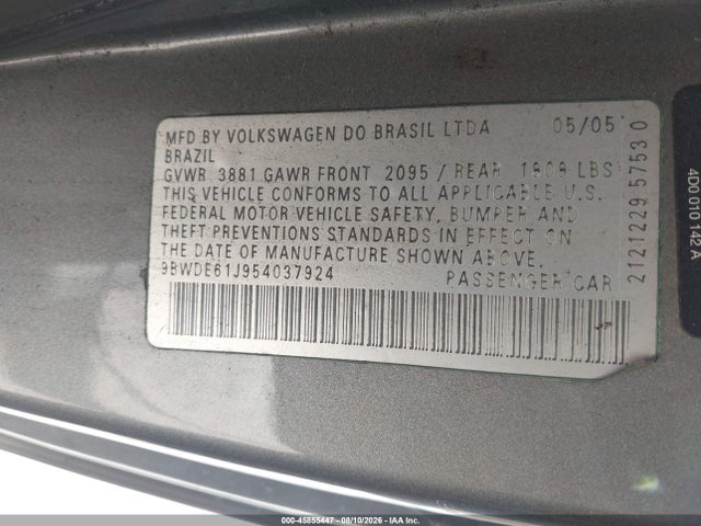 2005 Volkswagen Gti 1.8t მანქანა იყიდება აუქციონზე, vin: 9BWDE61J954037924, აუქციონის ნომერი: 45855447