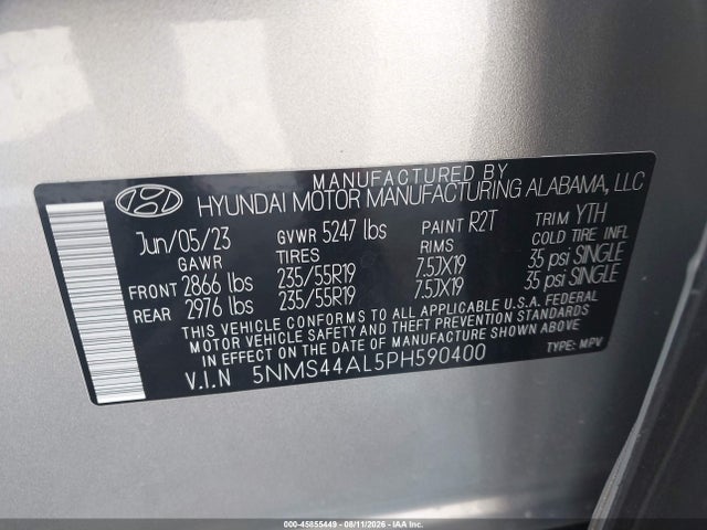 Aukcja sprzedaży 2023 Hyundai Santa Fe Limited, vin: 5NMS44AL5PH590400, numer aukcji: 45855449